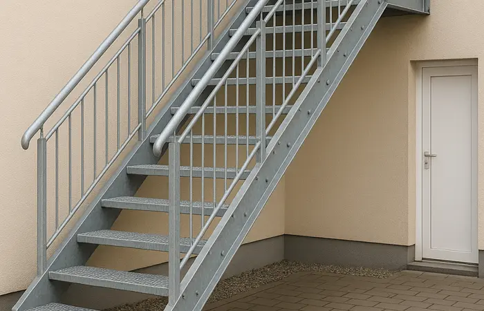 Treppenlösung von DMK Bau Reichelsheim - moderne Gartentreppe aus Beton mit integrierter Beleuchtung und Geländer.