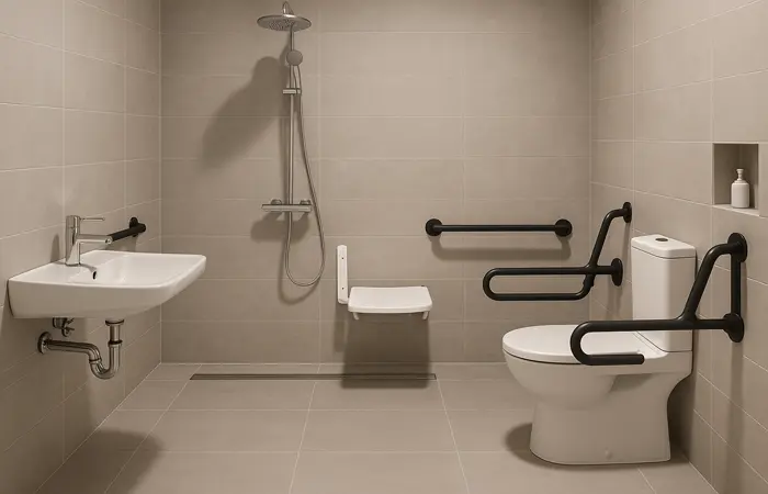 Barrierefreies Bad von DMK Bau Reichelsheim - rollstuhlgerechtes Badezimmer mit bodengleicher Dusche, Haltegriffen und unterfahrbarem Waschtisch.