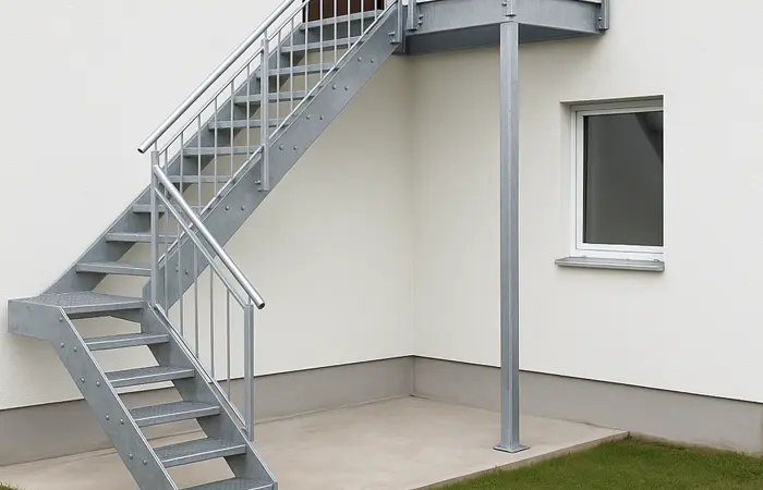 Detailaufnahme einer fachgerecht gebauten Hauseingangstreppe aus Naturstein mit integrierter Beleuchtung durch DMK Bau Reichelsheim.