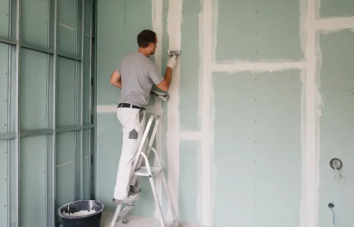 Moderner Trockenbau-Raum von DMK Bau Reichelsheim mit abgehängter Decke, glatten Wänden und Lichtspots.